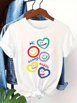 Womens Black TShirt  Hi Happy Smileys Hearts Graphic Harajuku Short Sleeve Tshirt Clothing Street Tops Tees Aesthetic Clothes S