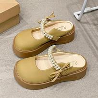 Pearl fairy wind bag head half slippers female outer wear 2025 summer new thick bottom height increase Mary Jane cool slippers 35 chaki