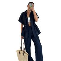 2 Pcs/Set Summer Women Shirt Pants Set Cargo Style Short Sleeves Lapel Button-down Drawstring Blouse Elastic Waist Trousers with Side Pockets Pantsuit L
