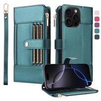 For iPhone 16e 16 15 14 13 12 11 Pro Max 16 Plus Wallet Case, RFID Blocking Case Kickstand Flip Cover Wrist Strap Card Holder For iPhone 11 ProMax žalia