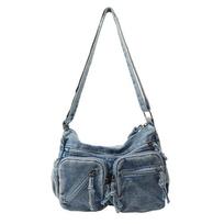 Y2K Aesthetic Black Denim Messenger Bag Multiple Zipper Pockets Cargo Crossbody Bag Vintage Jeans Shoulder Bag for Teen Girls mėlyna
