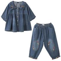 Denim Set Women's Summer Loose and Thin New Covering Vintage Embroidery Casual Two Piece Set Tide M mėlyna