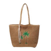 Summer Beach Straw Bag with Palm Tree Embroidery, Large Woven Tote for Women, Casual Shoulder Handbag for Vacati