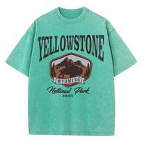 benber vintage Woman Cotton Washed T-Shirts All-Math O-Neck Distressed Short Sleeve The Bison In Yellowstone Park Printing Tops Summer Clothes S