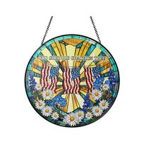 Acrylic Hanging Ornament Round Suncatcher with American Flag and Floral Mountain Scene for Indoor Outdoor Decoration