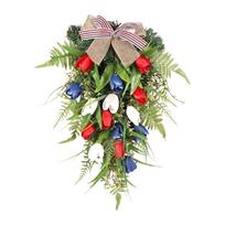 Patriotic Tulip Water Drop Hanging Swag with Ribbon Bow for Outdoor Indoor Decoration Suitable for Door Wall and Porch Display raudona