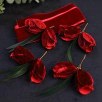 Headdress Hair Ribbon Tulip Flower Women Hair Bands Velvet Brid Wedding Headband Korean Headwear vyno raudonos spalvos