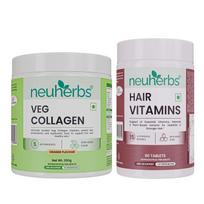Neuherbs Collagen Powder and Hair Vitamin Supplement Combo Pack with Biotin for Glowing Skin and Strong Nails 200g 60 Count