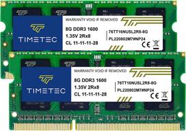 Timetec 16GB (8GB x 2) DDR3L  DDR3 Laptop Memory, 1600MHz, PC3L-12800  PC3-12800, 1.35V  1.5V, CL11, 2Rx8, Non-ECC, 204 Pin SODIMM
