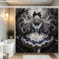 Anime-Style Shower Curtain 1pc Polyester 2D Flat Print 70.8x70.8 Inch Blue-White Figure with Black Bow, Dark Forest Background (as the picture,90x180cm35x71in)