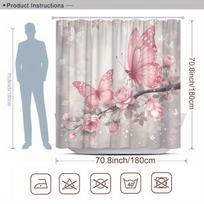 Pink Butterfly Rose Flower Shower Curtain Machine Washable All Season Waterproof Privacy Protection Romantic Design Elegant (as the picture,90x180cm)