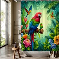 Tropical Parrot Cartoon Shower Curtain, Jungle Design, Colorful Flowers & Greenery, Machine Washable, Polyester Bathroom Decor (as the picture,W90xH180cm)