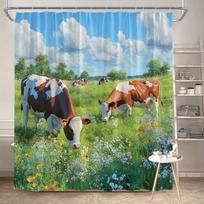 1pc Holstein Cows Meadow Shower Curtain - Brown & White Cows Grazing in Green Field with Flowers & Blue Sky Clouds Design (as the picture,90X180CM)