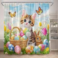 Funny Easter Shower Curta Cute Cat Rabbit Eggs Butterfly Tulip Flowers Rustic Fabric Home Bathroom Curtain Decor With Hooks (as the picture,90x180cm-35x70in)