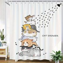 Whimsical Cat Tower Shower Curtain  Stacked Cute Cats + “CAT SHOWER” Text, Water Droplets, 12 Hooks, 70.87×70.87 inch, Polyester (as the picture,90x180cm35x71in)
