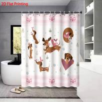 1pc Valentine's Day Pink Sausage Dog Bow Print Waterproof Shower Curtain Partition Privacy Hanging Curtain with 12 Hooks (as the picture,90x180cm)