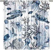 Sea Turtles Curta,Beach Nautical Ocean Starfish Seashell Seahorse Window Treatments For Bedroom Kitchen, Conch Compass Beachy 53x116CM-2PC