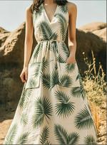 Tropical Palm Leaf Printed V-Neck Sleeveless Waist Strap-Up Holiday Dress S
