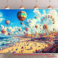 2D Vibrant Beach Carnival Hot Air Balloon Photography Background 47.2x31.5inch/120*80cm