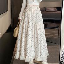 French Retro Women Lace Stitching Pleated Skirt Spring Summer High Waist Floral A-line Umbrella Skirt Design Sense Irregular Elastic Waist Long Skirt XS
