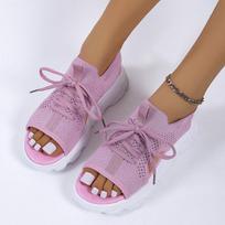 Mesh White Thick Soled Lace Up Women Summer Sandals Open Toe Breathable Casual Beach Shoes Non Slip Comfort Footwear for Ladies 36 rožinė