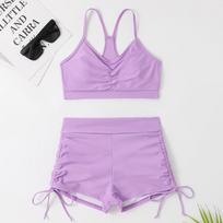 2025 European Solid Color High-Waisted Push-Up Bikini - Slimming, Tummy Covering, and Conservative Women's Swimsuit Large violetinė