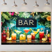 Baro temos vakarėlio foninis baneris su kokteilių ir žalio augalo dizainu, tinkamas baro plakato, sofos fono, pajūrio draugų vakarėlio fonui Vinyl--W120xH80cm