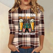 Women's Casual Three Quarter Sleeve Oktoberfest Print Round Neck Top Checkered Pattern Lightweight Comfortable Fit XXL kava