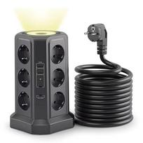 ES kištukas Maitinimo juosta Bokštas 12 kintamosios srovės maitinimo lizdų su 2 USB A ir 2 C tipo PD20W įkrovimu 4000W Daugiašakis lizdas 1,8 m ilginamasis laidas EU Plug juoda