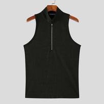 INCERUN Men Mockneck Zip-up Sleeveless Rib Sport Casual Skinny Tank Tops 3XL juoda