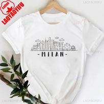 MILANO ITALIJA Raidžių Spaudos Apvalios Kaklo Marškinėliai Laisvalaikio Trumpomis Rankovėmis Marškinėliai Pavasariui ir Vasarai Moteriški Drabužiai Valentino Dienai S white