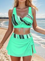 Women's 3pcs Swimsuit Set, Fashionable Bikini with Skirt, Beachwear, Adjustable Tie Top And Side Drawstring Skirt L žalia
