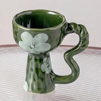 Ice Cream Cup Hand-Painted Ceramic Coffee Cup Irregular Design Vintage Striped Art Goblet Unique Milk Cup Dessert <50ml žalia