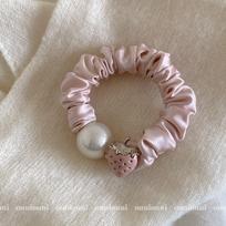 Cute Strawberry Mousse Powder Hair Tie Small Intestine Satin Pleated Hair Band Comfortable High Elastic Hair Accessories Woman
