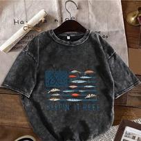 Vintage Washed Black Oversized T-Shirt Patriotic Fishing Lure Flag Print Casual Cotton Short Sleeve Crewneck Tee S