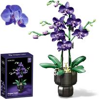 Orchidėjų gėlių konstravimo rinkiniai su vaza, Violetinės orchidėjos botanikos kolekcija konstravimo žaislai namų biuro dekoravimui, stalo dekoravimui, Kalėdinės, gimtadienio dovanos violetinė