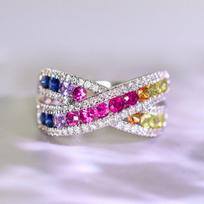 Vibrant Rainbow Multi-Color Cubic Zirconia Ring with Intertwined Cross Band Silver Tone Statement Ring for Women no. 6 balta