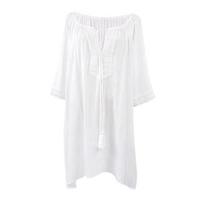 Swimming Beach Bikini Blouse Three Quarter Sleeve Loose Long Tassel Hollow Out Low-cut Sun Protection Knee Length Vacation Resort Wear Midi Dress balta