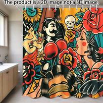 Vintage Tattoo Style Shower Curtain Vibrant Floral and Figure Design Modern Artistic Body Art Bathroom Decor with Hooks (as the picture,W90XH180cm)
