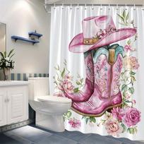 1pc Pink Cowboy Boots & Floral Embroidery Shower Curtain - Romantic Country Style, Lush Watercolor Florals (as the picture,W90XH180cm)