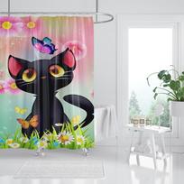 Three Funny Naughty black Cat Shower Curtain Scratching The Wall with His Paws Fabric Bathroom Decor Set Hooks White and Black (as the picture,90x180cm-35x70in)