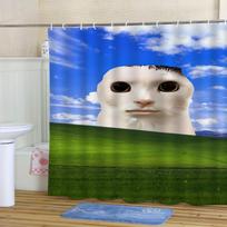 1pc Shower Curtain - Cute Cat Face on a Scenic Landscape with Blue Sky and Green Grass Design Waterproof (as the picture,W90XH180cm)