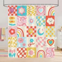 Cute Floral Shower Curtain,Abstract Checkered Rainbow Heart Smiley Retro Shower Curtain for Bathroom Waterproof Polyester Fabric (as the picture,W90xH180cm-35x70in)