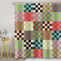 Colorful Geometric Patchwork Checkerboard Shower Curtain, Washable Waterproof Fabric Bathroom Partition Curtain with Hooks (as the picture,W90xH180cm-35x70in)