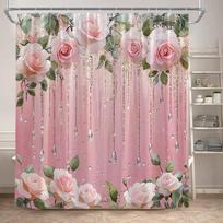 Rose Flowers Shower Curta Pink White Floral Green Leaves Plant Valentine's Day Bath Curtain Fabric Bathroom Decor with Hooks (as the picture,90x180cm-35x70in)