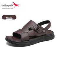 Red Dragonfly Men's Genuine Leather Anti-Odor Slip-Resistant Sandals - Soft Sole Summer Beach Slippers 38