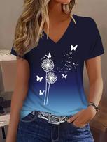 Gradient Color Block Print V-neck T-shirt, Dandelion & Butterfly Pattern S