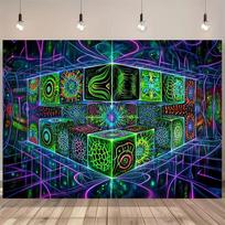 2D Psychedelic Glowing Cube Backdrop Premium Quality Printed Party Banner 47.2x31.5inch/120*80cm