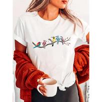 Vibrant Bird Print Crewneck Short Sleeve Casual Cotton Graphic T-shirt with Nature Inspired Design for Bird Watchers S