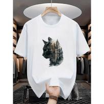 White Double Exposure Cat Forest Graphic Print Short Sleeve T-Shirt Loose Crew Neck Tee for Cat Lovers S